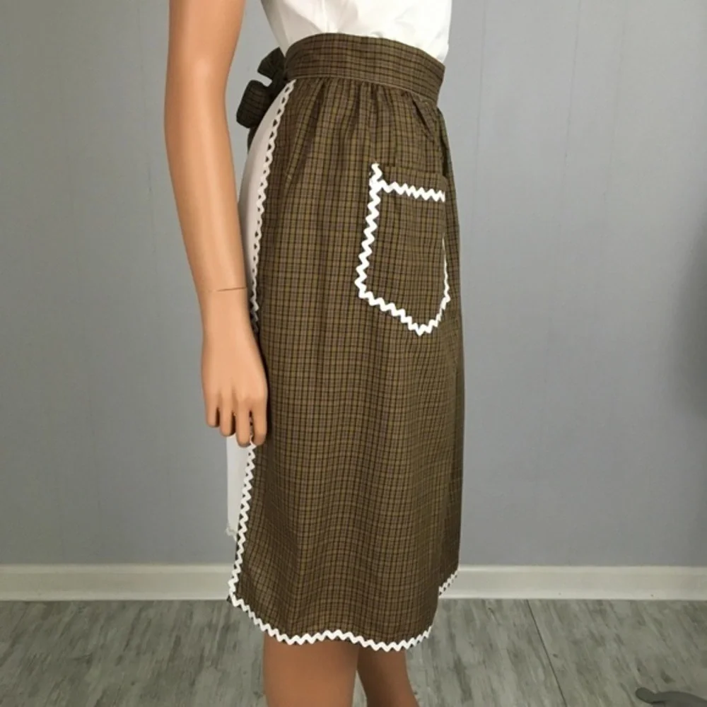 Vintage Brown Half Apron White Rick Rack Pockets Handmade Tie Sash Green Black - Picture 3 of 14